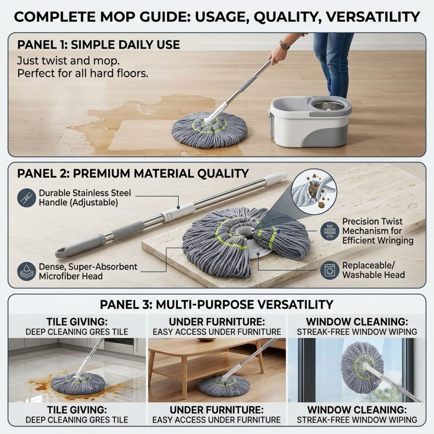 Premium Stainless Steel Twist Mop – Wet & Dry Floor Cleaning